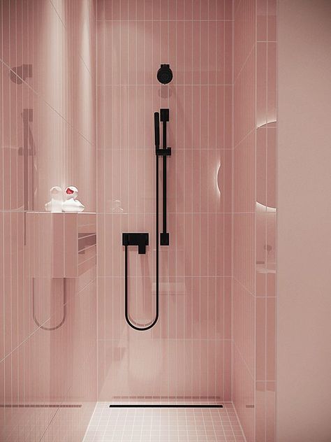 Pink and black is so classic! This works so well with the pink wall tile and matte black fixtures! Black Apartment, Pink Bathrooms Designs, Koti Diy, One Room Apartment, Bad Inspiration, Decor Studio, Pink Tiles, European Home Decor, Apartment Bathroom