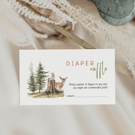 Introducing our forest woodland animals baby shower diaper raffle enclosure card, perfect for a cute and whimsical celebration! Featuring a watercolor forest story theme with adorable creatures like a fox, brown bear, bunny, and deer, it's great for a gender-neutral shower. This bohemian-inspired design sets a sweet and simple scene with its natural landscape of green trees and classic woodland birds. Ideal for welcoming a little boy or girl, this enclosure card is as charming as it is timeless. Woodland Forest Baby Shower Theme, Baby Shower Ideas Woodland Theme, Forest Theme Baby Shower Ideas, Woodlands Theme Baby Shower Boy, Woodland Themed Baby Shower Boy, Woodland Animals Baby Shower Theme, Woodland Animal Baby Shower Theme, Forest Baby Shower Theme, Forest Baby Shower Ideas