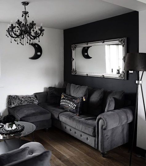 Goth Living Room, Dark Maximalism, Gothic Living Room, Living Arrangements, Gothic Decor Bedroom, Black And White Living Room, Dark Living Rooms, Dark Home Decor, Goth Home Decor