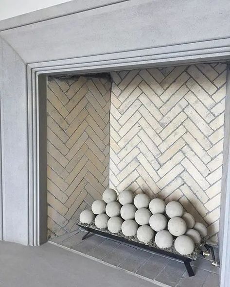 Ceramic Fire Balls, Herringbone Fireplace, Grey Fireplace, Fireplace Logs, The Mantle, Fireplace Remodel, Furniture Office, Diy Fireplace, Home Fireplace