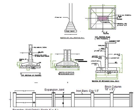 Wall construction details with footing of primary school dwg file. Wall construction details with footing of primary school that includes a detailed view of section of footing expansion joints, section of railing wall boundary wall details, section of footing, footing plan, column details and much more of wall construction and footing details. Expansion Joints Detail, Boundry Wall, Entrance Wood Door, Wall Section Detail, Compound Wall, Classroom Planning, Boundary Walls, Brick Masonry, Working Drawing