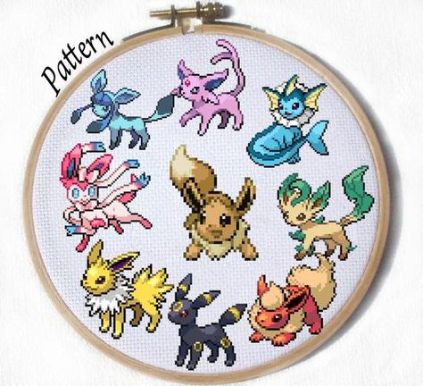 All Eeveelutions Cross stitch patterns- Eevee, Jolteon, Flareon, Vaporeon, Umbreon, Espeon, Leafeon, Glaceon and Sylveon! and is available for immediate download! If you would like a different pokemon, please message me, email me, or add it in the details of your purchase! All patterns are Glaceon And Sylveon, All Eeveelutions, Umbreon Espeon, Pokemon Cross Stitch Patterns, Geeky Cross Stitch, Pokemon Cross Stitch, Pokemon Craft, Diy Cross Stitch, Stitch Embroidery