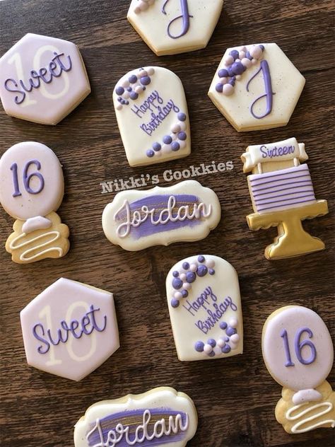 Sweet 16 Cookies Purple, Sweet 16 Cookie Ideas, Purple Birthday Cookies, 16th Birthday Cookies, Sweet 16 Food Ideas, Sweet 16 Cookies, Sweet 16 Party Planning, 16 Cookies, Purple Cookies