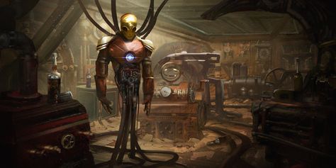 Artificer Workshop, Eddie Mendoza, Workshop Illustration, Steampunk Iron Man, Steampunk Workshop, Steampunk Mechanic, Experimental Animation, Steampunk Illustration, Gothic Revival Architecture