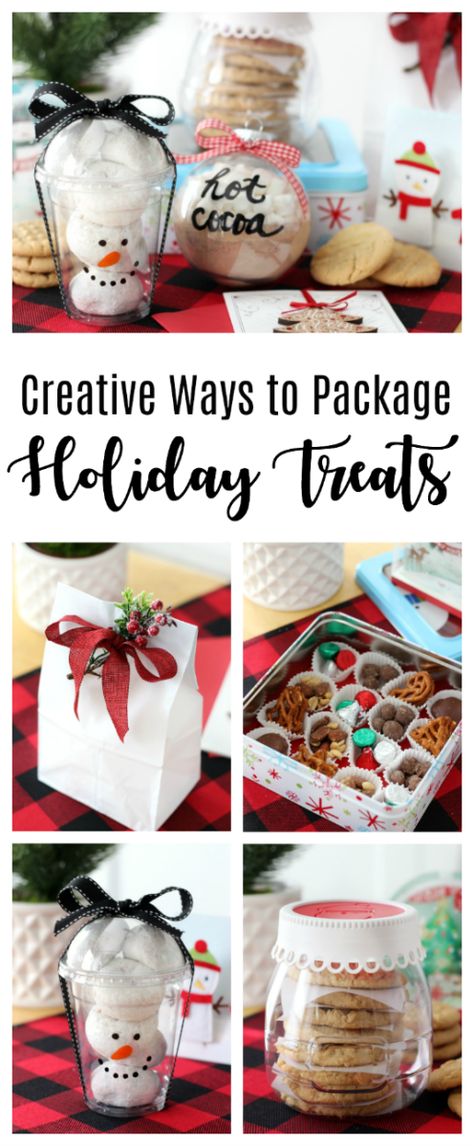 Creative and easy ways to package holiday treats this year! Think outside the paper plate and see how easy it is to add a bit of holiday flare. How To Package Christmas Candy, How To Package Christmas Treats, Holiday Treat Packaging Ideas, Christmas Baking Wrapping Ideas, Christmas Treats For Gifts Packaging, Cute Ways To Package Cookies, Packaging Christmas Treats, Christmas Treat Packaging Ideas, Holiday Treat Box Ideas