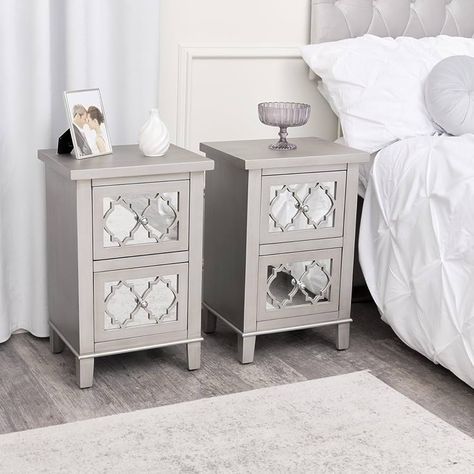 Melody Maison Pair of Silver Mirrored Bedside Tables - Sabrina Silver Range : Amazon.co.uk: Home & Kitchen Antique Silver Paint, Silver Range, Mirror Chest Of Drawers, Glamorous Furniture, Glamourous Bedroom, Glamorous Interiors, Silver Handles, Small Chest Of Drawers, Black Wall Mirror