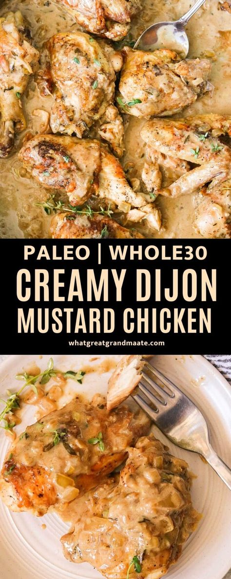 Delicious and easy creamy dijon mustard chicken pan fried then baked all in one pan! It's paleo friendly and can be made dairy free, and it's a perfect weeknight meal! Paleo Mustard Chicken, Dairy Free Dijon Chicken, Whole 30 Dijon Chicken, Instapot Dijon Mustard Chicken, Baked Chicken Dairy Free, Creamy Dijon Chicken And Potatoes, Dijon Mustard Chicken Baked, Low Carb Dairy Free Recipes, Dairy Free Chicken Recipes