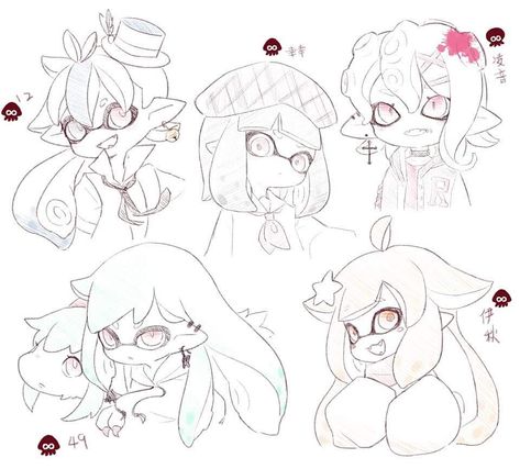 Tentacle hair designs for inklings and octolings How To Draw Inklings And Octolings, Splatoon Hair Styles, Tentacle Hair Drawing, Tentacle Hair Character Art, Splatoon Body Reference, Inkling Hair, How To Draw Inklings, Fuzzy Octoling, Octoling Hair