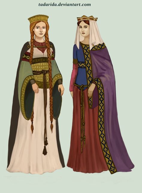 France 1100 Medieval clothing:  Frankish women wore colourful tunics, fastened with two belts and a band of precious materials. They wore their hair in long pleats, covered with veils or caps. by Tadarida.deviantart.com on @DeviantArt Tato Minimal, Medieval Garb, Medieval Clothes, Medieval Woman, Medieval Ages, Early Middle Ages, Middle Age Fashion, Medieval Costume, Century Clothing