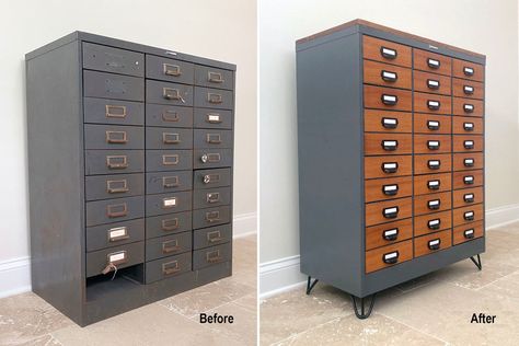 A DIYHairpinLegs Build: Metal Cabinet Makeover – DIY Hairpin Legs Filing Cabinet Repurpose, Metal Cabinet Makeover, Painting Metal Cabinets, Metal Drawer Cabinet, Hairpin Legs Diy, Cabinet Makeover Diy, Vintage Metal Cabinet, Drawers Repurposed, File Cabinet Makeover