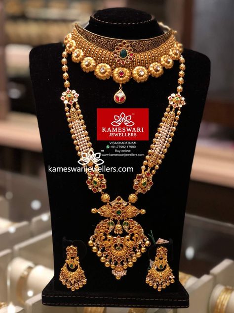 Kameshwari Jewellery, Virgo Jewelry, Temple Jewelry Necklace, Gold Temple Jewellery, Gold Bridal Necklace, Antique Gold Jewelry Indian, Bridal Jewelry Vintage, Jewelry Designing, Gold Necklace Indian Bridal Jewelry