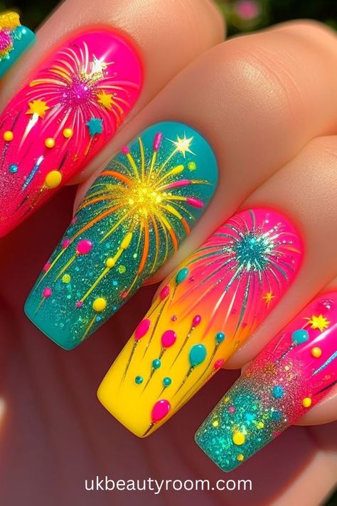 Bright nails are colorful and eye-catching, perfect for adding a pop of excitement to any look.  They are also a great choice for summer!  This post contains 39 ideas for bright nails, including: simple, cute, inspo, classy, elegant, fun, funky, edgy, neon, ideas, art, summer, designs, acrylic, short, for spring, almond. Neon Fireworks Nails, Fake Nail Design Ideas, Summer Nail Tip Designs, Forth Of July Nail Art Designs, Fun Short Nails Art Ideas, Neon Glitter Nails Summer, Cute Neon Nails Short, Trendy Summer Nails Designs, Purple And Yellow Nails Designs