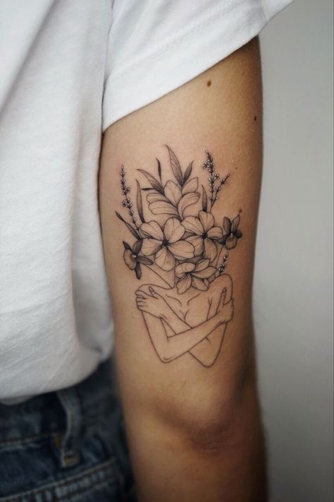 Love Your Self Tattoo With Flowers, Flowers Head Tattoo, Woman’s Silhouette Tattoo, Woman Flower Head Tattoo, Self Love Flower Tattoo, Growth Tattoo Ideas For Women, Lady Flower Tattoo, Floral Woman Tattoo, Dandelion Tattoo Design For Women