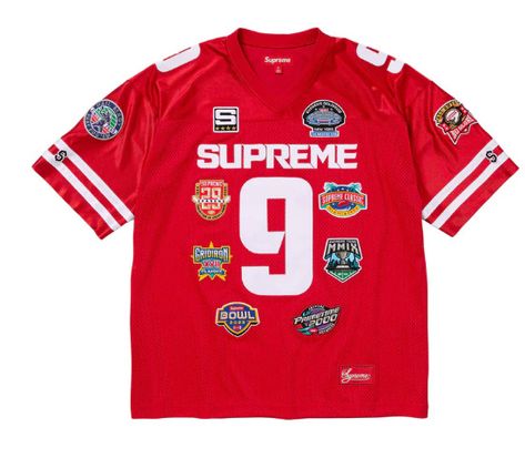 Supreme Championships Football Jersey Red Poly eyelet mesh with dazzle yoke  Embroidered patches on front and back and sleeves Tackle twill appliqué Supreme spellout on front and Jerseys numbers on at front, shoulders and back.  Supreme athletic label at lower front. Jersey will be shipped once payment is received Bid only if you intend on purchasing item Please Complete Payment on Time! I am very active on eBay.  Any Questions? Feel Free to ask! Happy Bidding! Hiphop Logo, Football Jersey Outfit, Unusual Clothes, Red Streetwear, Outfit Png, Street Fashion Men Streetwear, Jersey Outfit, Mens Fashion Casual Outfits, Shirt Store