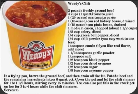 Wendys Chilli, Wendy Chili, Wendy's Chilli, Chili Wendys, Chilli Food, Wendy's Chili, Wendys Chili Recipe, Homemade Chili Recipe, Chilli Recipe