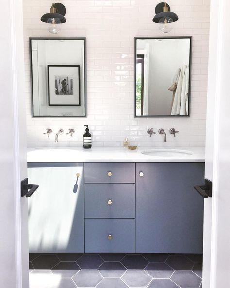 Gray Hexagon Tile Bathroom, Hex Tile Bathroom Floor, Diy Fixer Upper Houses, Modern Beach Bungalow, Hex Tile Bathroom, Ikea Sink Cabinet, Hex Tiles Bathroom, Hexagon Tile Bathroom, Gray Hex