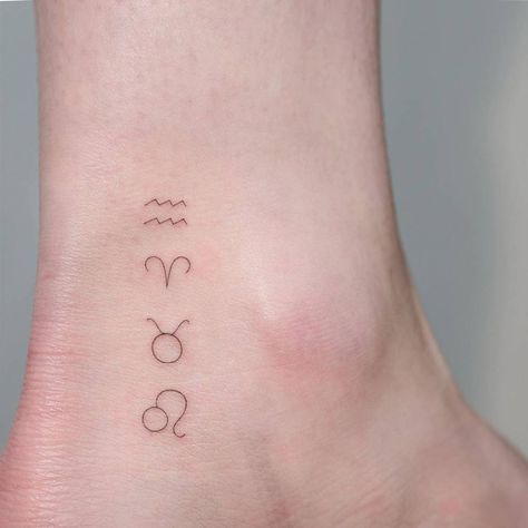 Aquarius, Aries, Taurus and Leo Zodiac symbols. Widder Tattoo, Ankle Tattoo Men, Leo Constellation Tattoo, Aquarius Aries, Horoscope Tattoos, Aquarius Tattoo, Taurus Tattoos, Aries Tattoo, Leo Tattoos