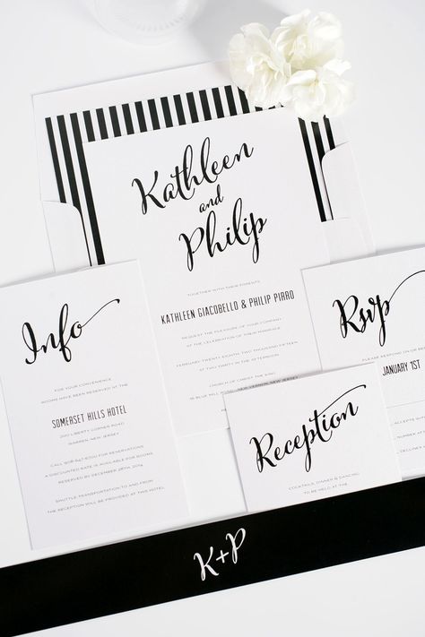 Modern Script Wedding Invitations Wedding Invitations Black And White, Wedding Invitations Black, Modern Calligraphy Wedding Invitation, White Stripes Wedding, Shine Wedding Invitations, Script Wedding Invitations, Black And White Wedding Invitations, Striped Wedding, Trendy Wedding Invitations