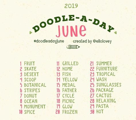 Doodle-a-Day prompts, Doodling prompts, Summer doodles, Summer Doodles Summer, Summer Doodles, Sketchbook Prompts, 30 Day Art Challenge, Art Journal Challenge, Summer Drawings, 30 Day Drawing Challenge, Art Journal Prompts, Drawing Ideas List