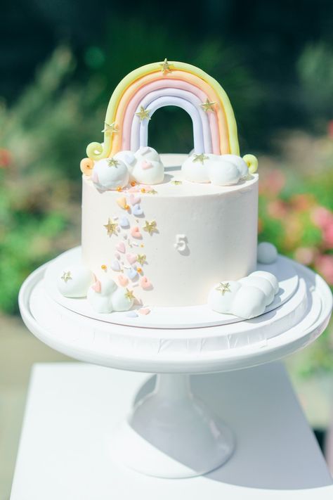 Pastel Rainbow Cupcakes Ideas, Rainbow Cake Pastel, Pastel Rainbow Balloon Arch, Rainbow Themed Cake, Pastel Birthday Party, Ribbon Bunting, Pastel Rainbow Party, Pastel Rainbow Cake, Rainbow Balloon Arch