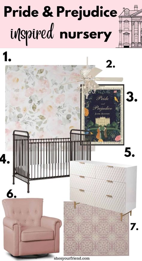 collage showing wallpaper wall art crib dresser glider and an area rug with text overlay that reads pride and prejudice inspired nursery Pride And Prejudice Nursery, Unique Baby Nursery, Baby Nursery Ideas, Baby Nursery Design, Jane Austen Inspired, Baby Nursery Inspiration, Nursery Rooms, Sense And Sensibility, Baby Nursery Themes