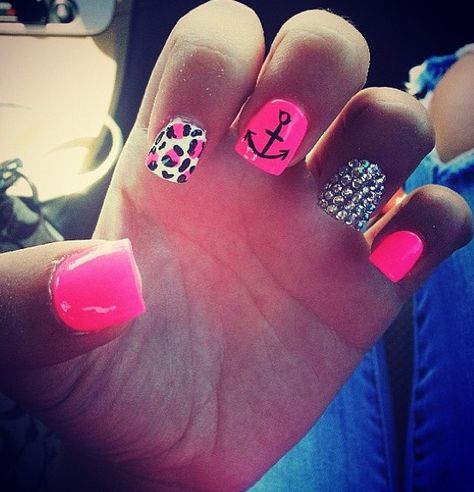 cute hot pink with anchor nails Anchor Nails, Chevron Nails, Graduation Nails, Super Cute Nails, Cute Nail Art Designs, Cute Nail, Pink Nail, I Love Nails, Cute Nail Art