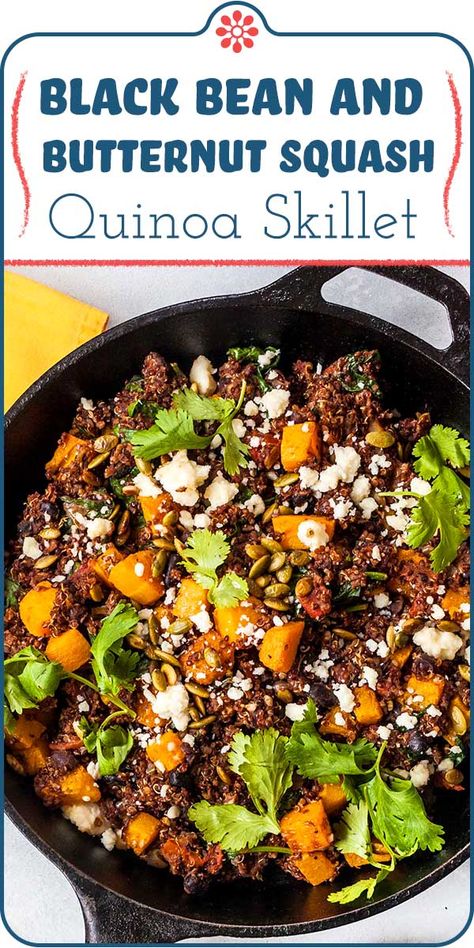 Butternut Squash and Black Bean Skillet Dinner! Looking for dinner that’s healthy in a hurry? The whole family will love this vegetarian skillet dinner! It’s loaded with the sweet and earthy flavors of roasted butternut squash, black beans, and quinoa, seasoned with cumin and chili powder. The best part? It’s ready, start to finish, in about 45 minutes. #simplyrecipes #butternutsquash #skilletdinner #vegetarian #weeknightdinnerideas Black Bean And Butternut Squash, Black Bean Skillet, Black Beans And Quinoa, Vegetarian Skillet, Beans And Quinoa, Butternut Squash Black Bean, Butternut Squash Quinoa, Vegetarian Ideas, Dinner Vegetarian