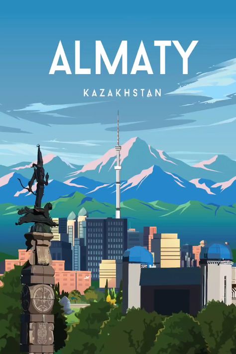 ~ Arctic Frame Studio (Omar Escalante; Guatemalan, current), circa 2023 Kazakh Style, Kazakhstan Travel, Almaty Kazakhstan, Travel Poster Design, Civil Engineering, Travel Stories, Travel Aesthetic, Cartoon Wallpaper, Travel Art