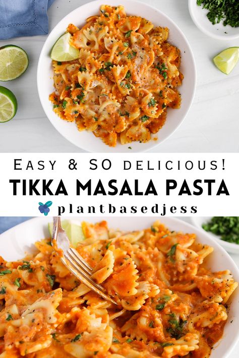 View on a bowl of vegan tikka masala pasta. Creamy Pasta With Coconut Milk, Tikka Masala Pasta, Meal Ideas Indian, Easy Tikka Masala, Coconut Pasta, Easy Vegan Pasta Recipes, Indian Style Pasta, Masala Pasta, Pasta Indian Style