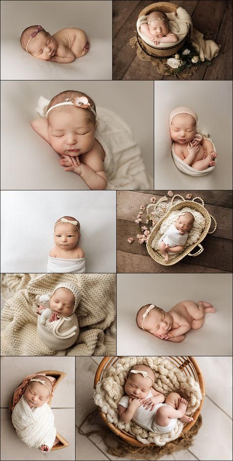 Baby girl newborn pictures, featuring neutral tones and textures and boho flair.  Colors included cream, white, tan, brown, and pink. In use: papasan chair, basket, and bucket. Newborn Photography Easter, Newborn Photoshoot Diy At Home, White Background Newborn Photography, Neutral Color Newborn Photography, Gender Neutral Newborn Photography, New Born Girl Baby Shoot, Newborn Neutral Photography, Boho Newborn Photos, Newborn Baby Girl Photoshoots