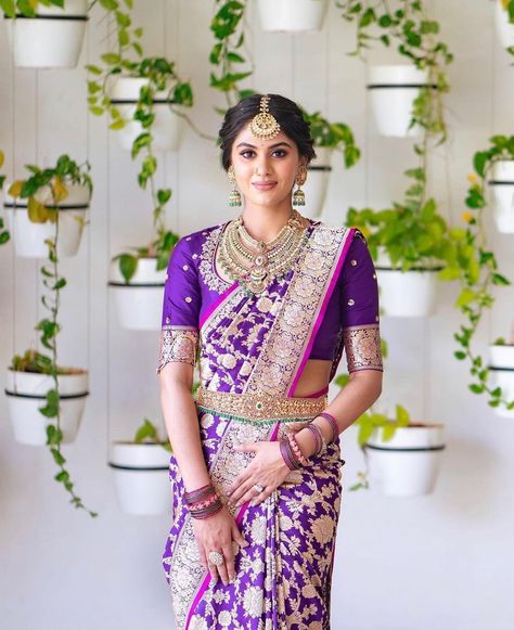 ShaadiWish on Instagram: “A South Indian bride dripping every bit of regal-ness. Image - @studioa_weddings MUA - @afsharangila_makeupartist For more such South…” Purple Kanchipuram Saree, Kohl Kajal, Bridal Sarees South Indian, New Saree Blouse Designs, Wedding Saree Blouse Designs, Blouse Designs Indian, Half Saree Designs, Silk Saree Blouse Designs, Blouse Designs Silk