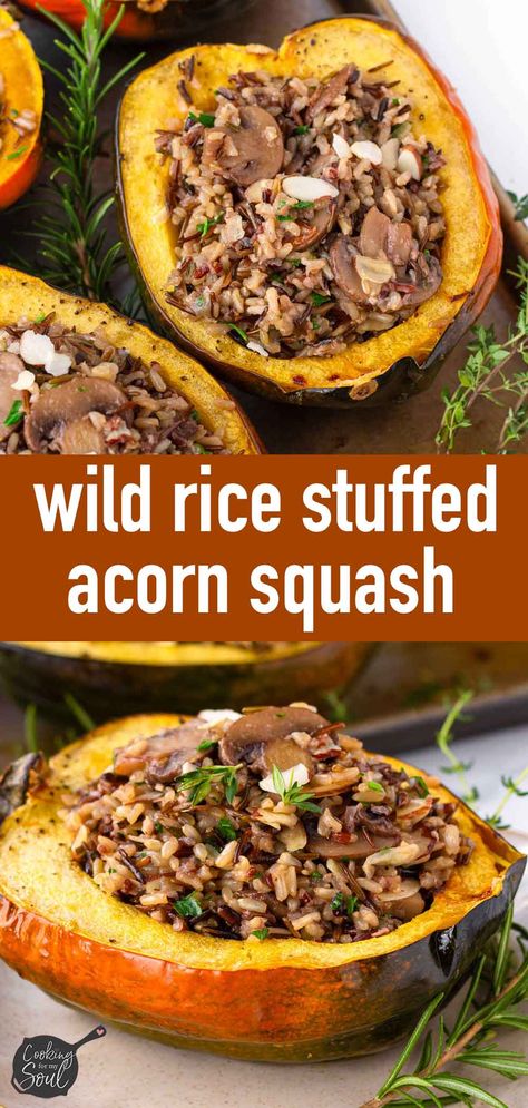 Wild Rice Stuffed Acorn Squash with mushrooms! This delightful stuffed acorn squash is made with fragrant wild rice pilaf. Vegan Acorn Squash Recipes, Wild Rice Stuffed Acorn Squash, Rice Stuffed Acorn Squash, Acorn Squash Recipes Healthy, Acorn Squash Stuffed, Wild Rice Pilaf, Wild Rice Recipes, Roasted Acorn Squash, Stuffed Acorn Squash