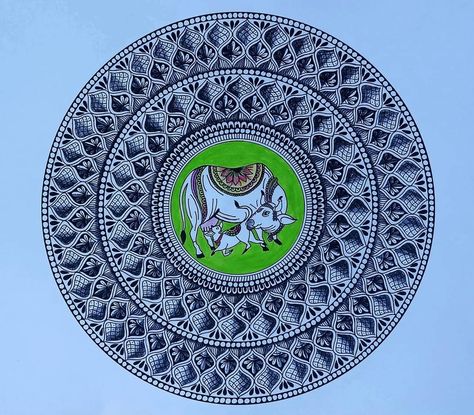 Mandala Art Cow Mandala Art, 3d Mandala Art, Very Difficult Mandala Art, Yakshagana Mandala Art, Cow With Calf, Illustration Based Mandala, Mandala Art On Circular Canvas, Cow And Calf, 3d Mandala