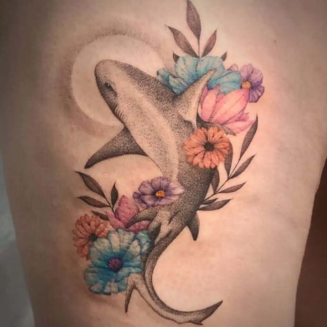 Shark Tattoos With Flowers, Shark With Flowers Tattoo, Scuba Tattoo For Women, Feminine Shark Tattoo For Women, Shark Flower Tattoo, Feminine Shark Tattoo, Shark Leg Tattoo, Floral Shark Tattoo, Shark Tattoos For Women