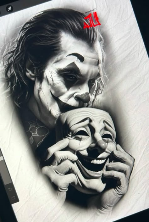 Jason Mask Tattoo Design, Clown Mask Tattoo, Real Tattoo Stencil, Clowns Tattoo, Tattoo Pierna Mujer, The Joker Tattoo, Procreate Tattoo Design, Clown Face Tattoo, Mythology Drawings