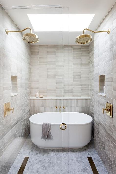 Double Shower Head Master Baths, White Mosaic Bathroom, Tile Shower Niche, Bathroom With Tub, Master Shower, Wet Room, Transitional Bathroom, Freestanding Tub, Main Bathroom