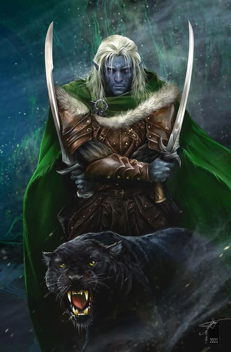 Drizzt Do`Urden, Max Olin on ArtStation at https://www.artstation.com/artwork/B398J6 Western Gunslinger Art, Legend Of Drizzt, Drizzt Do Urden, D D Artwork, Dragons Art, Dungeons And Dragons Art, Spirit Animal Art, Dark Elves, Elf Art