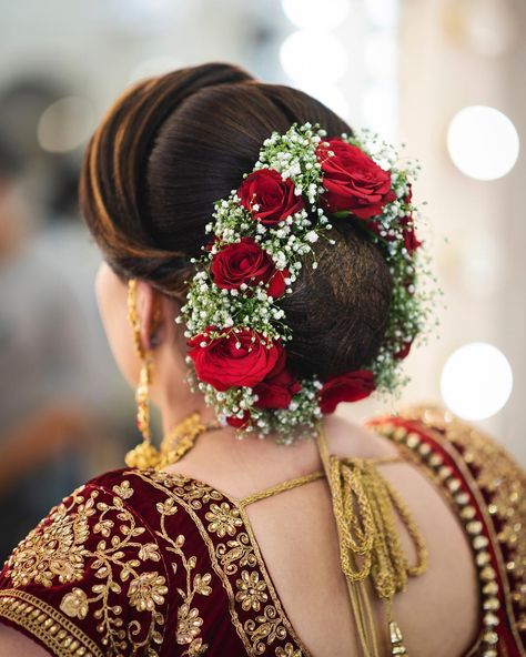 Top 15 Floral Bun Hairstyles for Brides this Wedding Season - K4 Fashion Side Bun Hairstyles, Braid Videos, Wedding Bun, High Bun Hairstyles, Flower Bun, Wedding Bun Hairstyles, Bridal Bun, Bridal Hair Buns, Wedding Hairstyles Bride