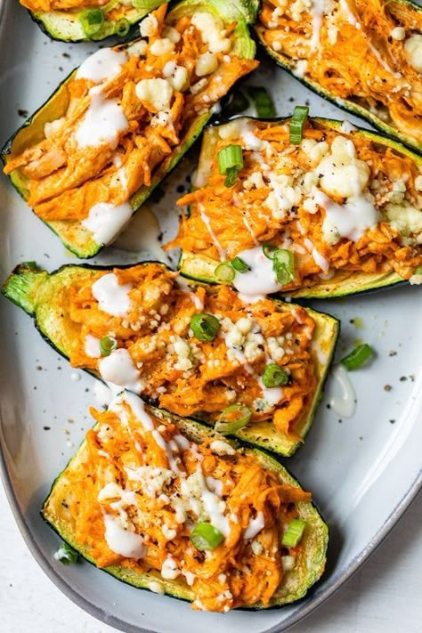 You won’t miss the carbs in these low-carb zucchini skins loaded with buffalo chicken and cheese made in the air fryer! #airfryer #chicken #buffalochicken Zucchini Skins, Buffalo Chicken Zucchini, Air Fryer Buffalo Chicken, Buffalo Chicken Recipes, Pizza Dip, Chicken Zucchini, Zucchini Boats, Low Carb Zucchini, Low Carb Appetizers