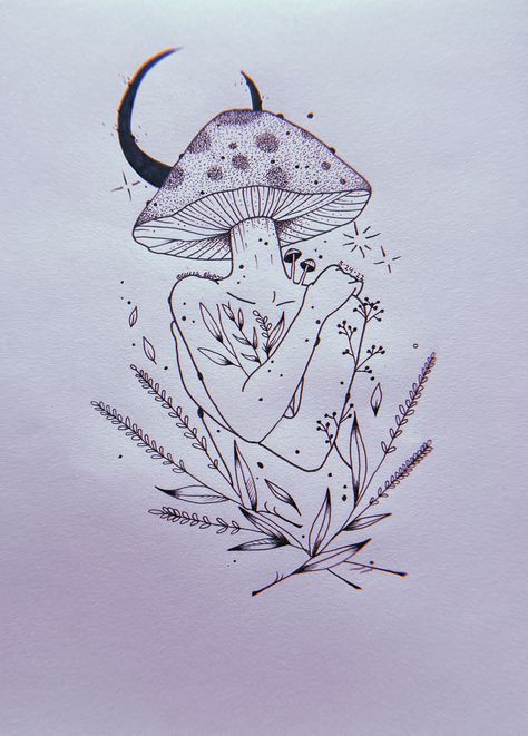 Mushroom Head Woman Tattoo, Lady With Mushroom Head Tattoo, Shadow Work Tattoo, Mushroom Woman Drawing, Naked Mushroom Lady Drawing, Mushroom Head Woman, Mushroom Lady Drawing, Mushroom Girl Drawing, Mushroom Lady Tattoo