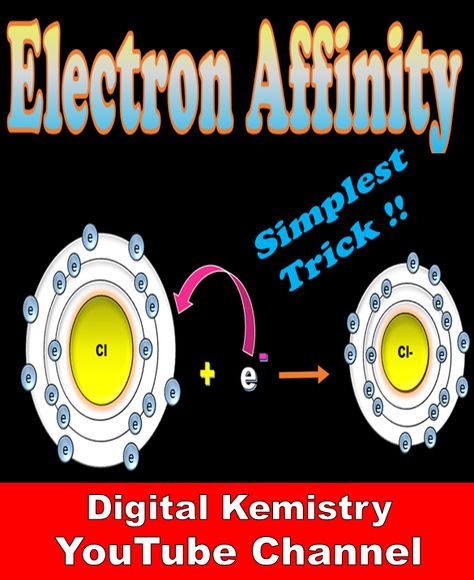 ✔Explaining Electron affinity trend with the help of following most important questions asked : 🔹Electron affinity definition 🔹Electron affinity example 🔹Electron affinity unit 🔹Finding Electron affinity trick 🔹Is Electron affinity endothermic or exothermic reaction 🔹Factors affecting Electron affinity 🔹How atomic size, nuclear charge and stable electronic configuration affects electron affinity 🔹Why does electron affinity decrease from top to bottom? #digitalkemistry #electronaffinity Chemistry Animation, Electronic Configuration, Electron Affinity, Exothermic Reaction, Chemistry Periodic Table, Electron Configuration, Chemistry Notes, Thanks A Lot, Simple Tricks