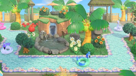 Acnh Lazy River Code, Animal Crossing Lazy River, Acnh Lazy River, Acnh Tropicore, Acnh Tropical, Jungle Resort, Center Parcs, Cute Flamingo, Acnh Design