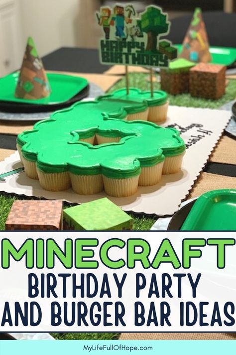 Minecraft Birthday Party and Burger Bar Ideas. My youngest son loves Minecraft so for his 6th birthday we had a burger bar with all of the fixins buffetstyle. Adding all of the fun Minecraft birthday party decorations ideas on a budget. Minecraft Cupcake Cake, Burger Bar Ideas, 1st Birthday Themes Girl, Planing Ideas, Minecraft Birthday Party Ideas, Kids Birthday Party Activities, Minecraft Cupcakes, Future Engineer, Burger Party