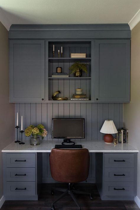 Practical and beautiful home work space. Blue gray cabinets. Shelving with decor. Leather chair. Vertical shiplap. Blue Gray Cabinets, Office With Built Ins, Home Office With Built Ins, Booth Seating In Kitchen, Vertical Shiplap, Living Room Nook, Office Transformation, Home Office Built Ins, Office Built Ins