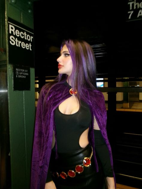 #fashion #halloween #halloweencostume #halloweenideas #halloweenmakeup #purple #raven #purplehair #nyc #newyork #newyorkcity #aesthetic #inspiration #cosplay #y2k #digitalcamera #makeup #costume Marvel Female Halloween Costumes, Halloween Costumes With Long Black Hair, Marvel Superhero Costumes Women, Costumes For Purple Hair, Dark Hair Halloween Costumes Women, Raven Costume Aesthetic, Characters With Purple Hair Halloween, Woman Villian Costume, Halloween Costumes For Purple Hair