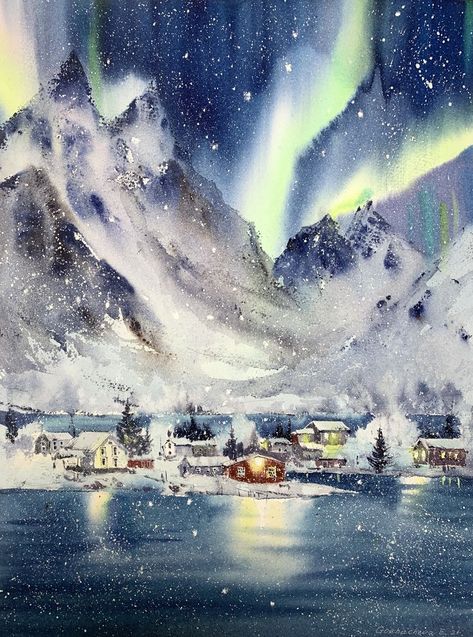 Incredible colors of nature Original watercolor painting "Aurora borealis #27" Medium: Watercolour on Paper Saunders Waterford 300g One of a kind artwork Size: 41 x 31 cm / 16 x 12 in Signed on the front Subject: landscapes 2021 Certificate of Authenticity is included Unframed Thank you for interest Eugenia Northern Lights Watercolor, Winter Northern Lights, Watercolor Night Sky, Northern Lights Art, Seaside Wall Art, Polar Lights, Art Alevel, Watercolour Landscape, Winter Watercolor