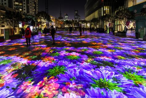 miguel chevalier put his digital green fingers to work, bringing to bloom a garden of virtual blossoms for shanghai\'s jing an kerry center. Digital Garden, Garden Of Lights, Landscape Lighting Design, Virtual Flowers, Interactive Installation, Projection Mapping, Light Installation, Landscape Lighting, Light Show