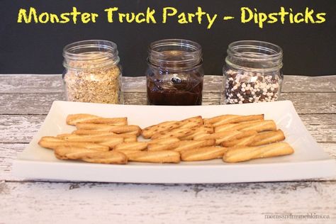 Monster Truck Party Food - Chocolate Dipsticks #MonsterTruck Monster Truck Party Food, Truck Party Food, Kids Birthday Food, Family Fun Ideas, Monster Truck Birthday Party, Monster Truck Cars, Truck Birthday Party, Chocolate Dipped Pretzels, Monster Truck Party