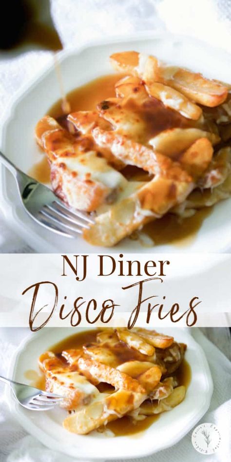 Steak cut french fries fried until golden brown; then topped with brown gravy and mozzarella cheese and baked until the cheese is melted and gooey. #potatoes #discofries #poutine #nj #sides #gravy French Frys, Disco Fries, Gravy Fries, Vegetable Side Dish Recipes, Broccoli Bites, Steak Breakfast, Pork Chops And Gravy, Potato Gravy, French Fries Recipe