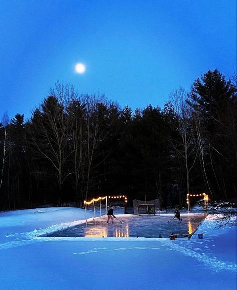 Outdoor Rink Aesthetic, Backyard Ice Rink Lights, At Home Ice Rink, Ice Skating Somerset House, Ice Skating On Lake Aesthetic, Hockey Backgrounds, Wisconsin Aesthetic, Outdoor Ice Skating Rink Aesthetic, Outdoor Hockey Rink